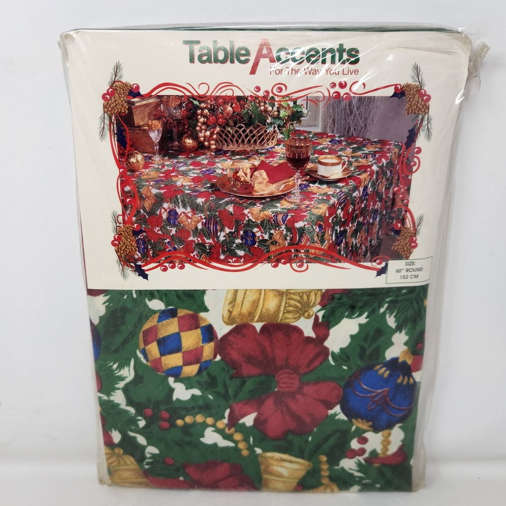 Table Accents Christmas Ornament Round Tablecloth 60 Inch Green Red Holiday New
